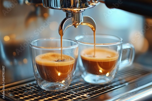 Freshly Brewed Espresso Flowing Into Two Glass Cups in a Cozy Cafe Setting.