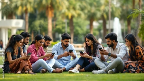 Young indian students are using smartphones sitting on grass in a park, sharing content and enjoying their free time