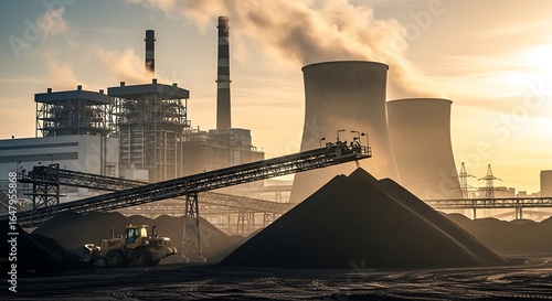 Coal-fired power plant with smokestacks and cooling towers emitting smoke at sunset, highlighting energy production and pollution.