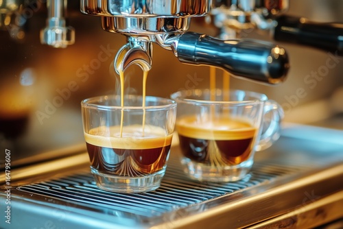 Freshly Brewed Espresso Flowing Into Two Glass Cups in a Cozy Cafe Setting