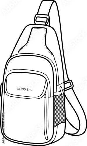 Sling bag front view line art, single shoulder strap, zippered compartments, mesh side pocket, adjustable buckle, outdoor travel gear, cad drawing flat vector illustration