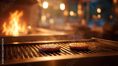 Juicy Burger Patties Cooking on a Flat Top Grill with Flames in Background