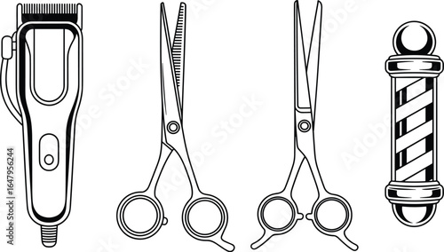 Hair clipper, thinning scissors, regular scissors, barber pole set, professional hairdressing and grooming tools collection, salon equipment, cad drawing flat vector illustration
