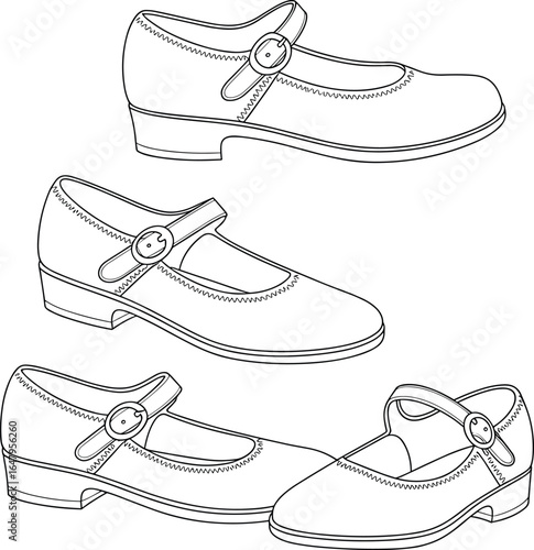 Mary Jane shoes four pair set, rounded toe, low heel, buckle strap design, multiple views, fashion footwear, cad drawing flat vector illustration