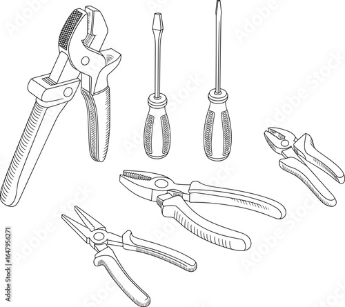 Adjustable pliers, flathead and Phillips screwdrivers, diagonal cutting pliers, needle nose pliers, combination pliers set, mechanical and electrical hand tools, cad drawing flat vector illustration