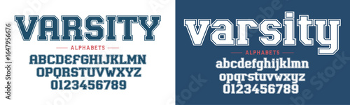Varsity Uppercase Lower font. Vintage sport serif font in american style for football, soccer, baseball and basketball. Alphabet and numbers with outline in varsity style

