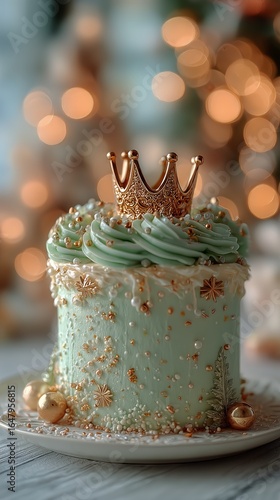 Elegant Mint Green Cake Adorned With Crown and Decorative Elements for Celebr...