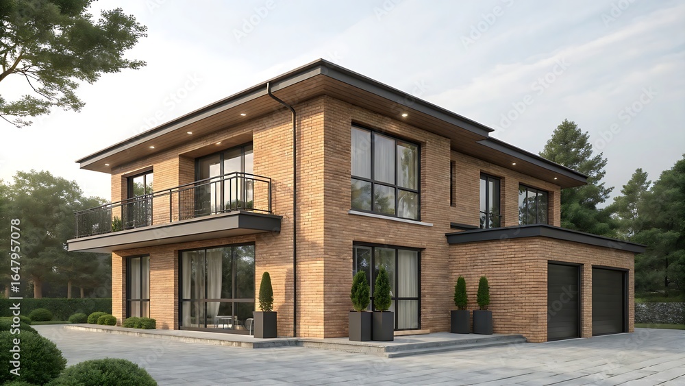 Stunning modern brick house with balcony and stylish outdoor landscaping Stunning modern brick house with balcony and stylish outdoor landscaping
