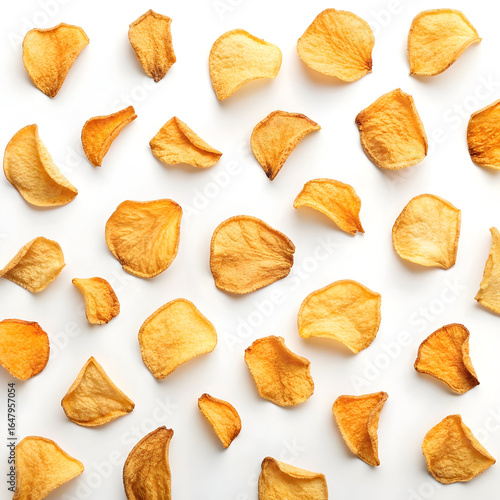Dried turnip chips scattered randomly and isolated, highlighting texture and natural form for culinary