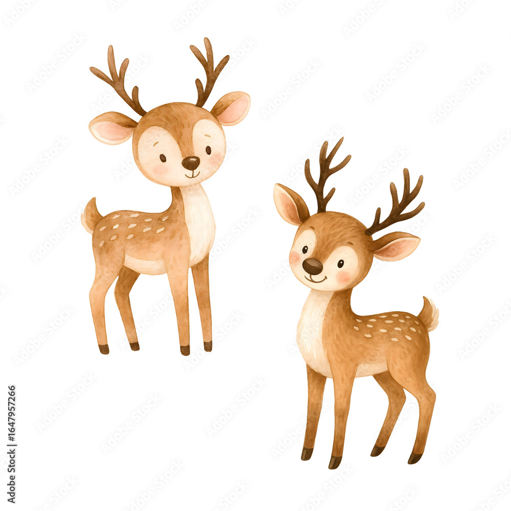 Fototapeta premium Cute watercolor Christmas reindeer duo illustration, festive holiday deer couple clipart