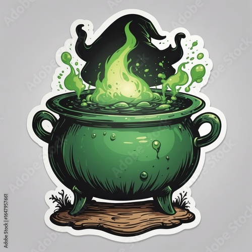 Whimsical green cauldron bubbling with potion