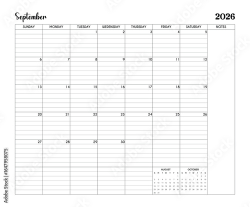 September 2026 Minimalist Printable Calendar Page with Notes Section