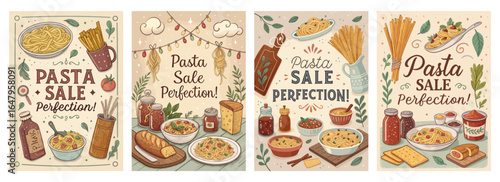Colorful illustrations featuring pasta dishes and sauces, promoting a pasta sale event.