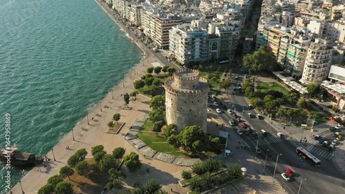 Aerial view of the white tower of thessaloniki, a landmark on the coast