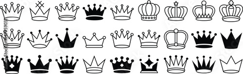 Collection of black and white crown icons in various styles king queen