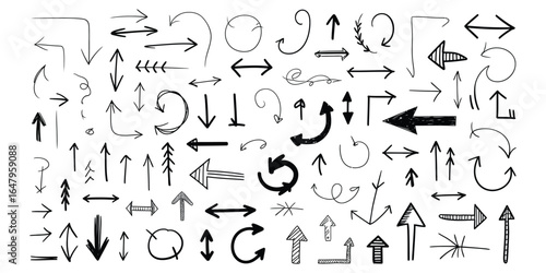 Hand-drawn Arrow Collection:  Diverse Styles, Black Ink, White Background, Vector Illustration,  Graphic Design Elements.