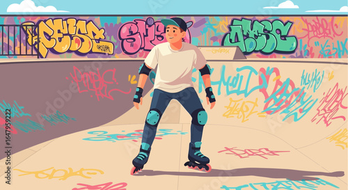 A young roller skater poised in a vibrant skatepark filled with graffiti art