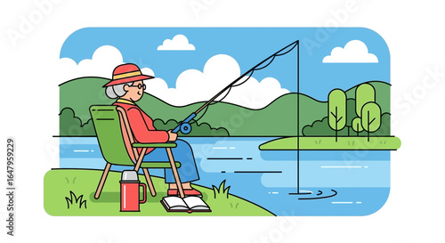 Elderly woman enjoying a peaceful fishing trip by the lake in a serene setting