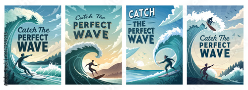 Stylized surfing illustrations showcasing diverse waves and surfers enjoying the sea.