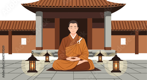 Meditative serenity: Monk in peaceful lotus pose at temple courtyard illustration