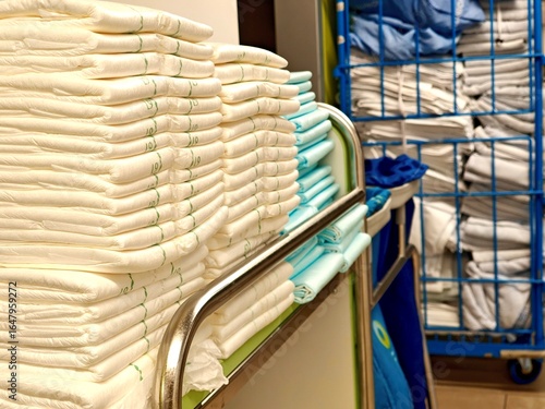 Geriatric. Diapers for the elderly. Stock of hospital materials.