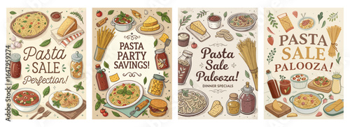 Colorful pasta-themed illustrations featuring various dishes, ingredients, and promotional text.