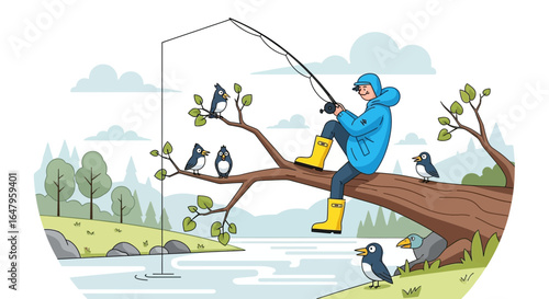 A whimsical illustration of a fisherman perched on a tree branch fishing among penguins