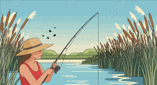 Illustrative depiction of a woman fishing in a tranquil reedy pond with insects