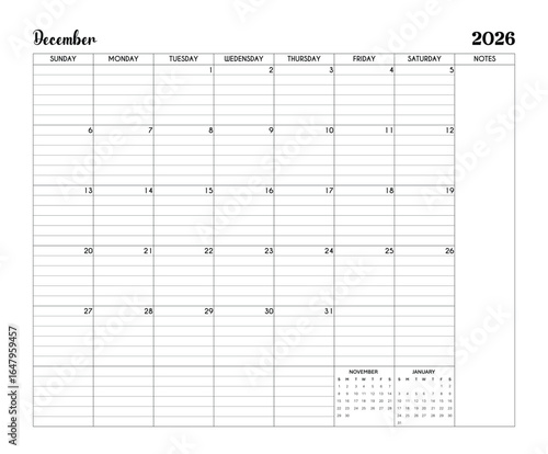 December 2026 Minimalist Printable Calendar Page with Notes Section
