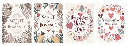 Romantic-themed illustrations featuring perfume bottles and heartfelt messages in soft colors.