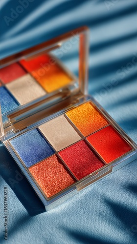 Colorful Eye Shadow Palette on a Blue Surface With Natural Light and Shadows ...