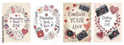 Charming illustrations capturing the essence of love with gifts, cameras, and heartfelt decorations.