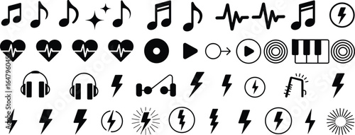 Collection of black music and sound related icons  music notes musical symbols