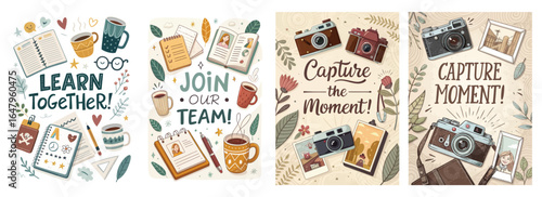 Colorful illustrated designs promoting teamwork, learning, and capturing moments in a creative style.