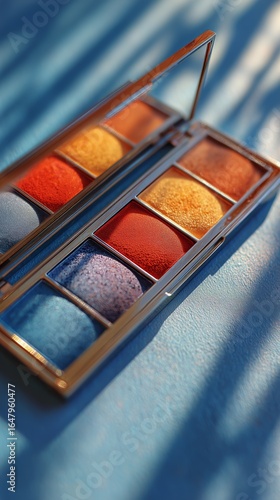 Colorful Eye Shadow Palette on a Blue Surface With Natural Light and Shadows ...