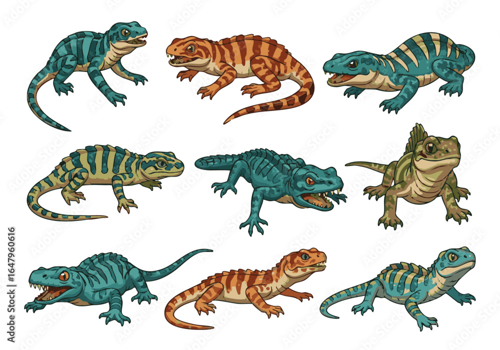 Fototapeta premium Set of different colorful cartoon lizards and prehistoric reptiles isolated on a clean white background perfect for educational materials
