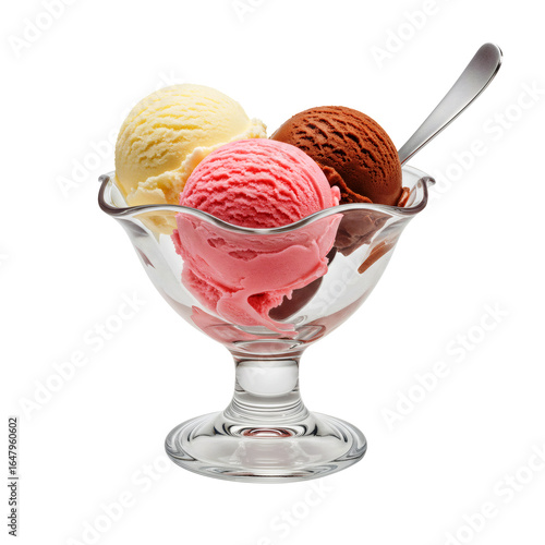 Ice Cream Scoops Three Vanilla Strawberry Chocolate Glass Bowl Dessert