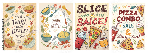 Colorful food promotion illustrations featuring pasta and pizza for a vibrant culinary deal.