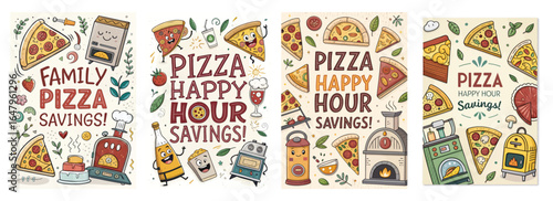 Colorful illustration of pizza-themed savings promotions with fun characters and vibrant designs.