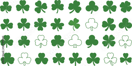 Collection of green shamrock clover leaf icons and outlines vector