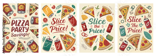 Colorful pizza-themed illustrations showcasing party savings and fun slice deals.