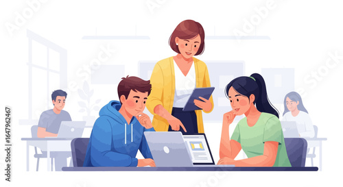 Teacher guiding students on laptops in a bright classroom setting, promoting learning and education