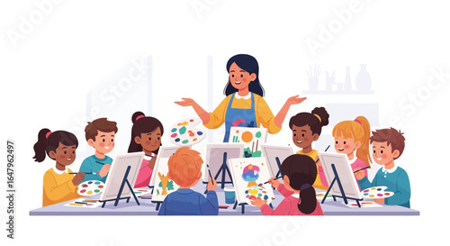 Nurturing young talent in a vibrant art class, a female instructor guides diverse children as they paint on easels.