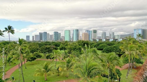 Aerials of the Honolulu Cityscape from Ala Moana - Oahu, Hawaii