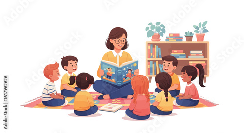 A teacher reading a book to a group of young children sitting on a colorful rug during a story time session