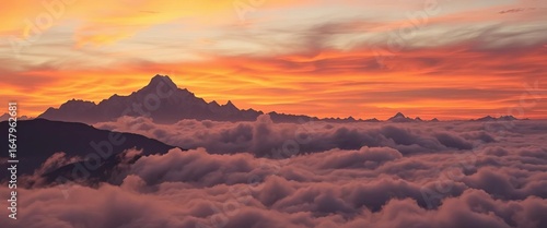Dramatic Himalayan sunset, Everest peaks pierce fiery sky above swirling fog,  Tibet,  light