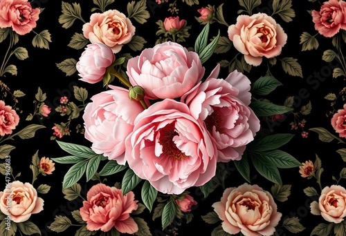 Vintage bouquet of blush peonies on a black baroque floral background Elegant, old-fashioned floral wallpaper design, floral pattern, natural