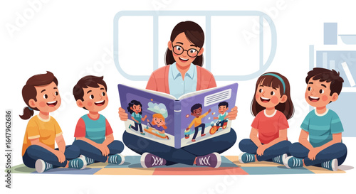 Story Time Teacher Reading to Children in a Colorful Classroom Illustration