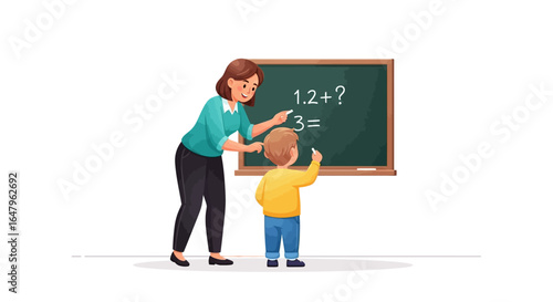 Caring Female Teacher Guiding and Assisting Young Male Student in Early Childhood Math Education and Numeracy Development on a Classroom Blackboard