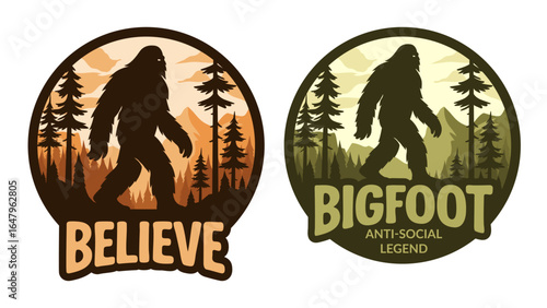 Set of vintage-style vector badges featuring Bigfoot silhouettes in forest landscapes with phrases like “Believe” and “Bigfoot Anti-Social Legend.” Perfect for outdoor, or camping-themed designs